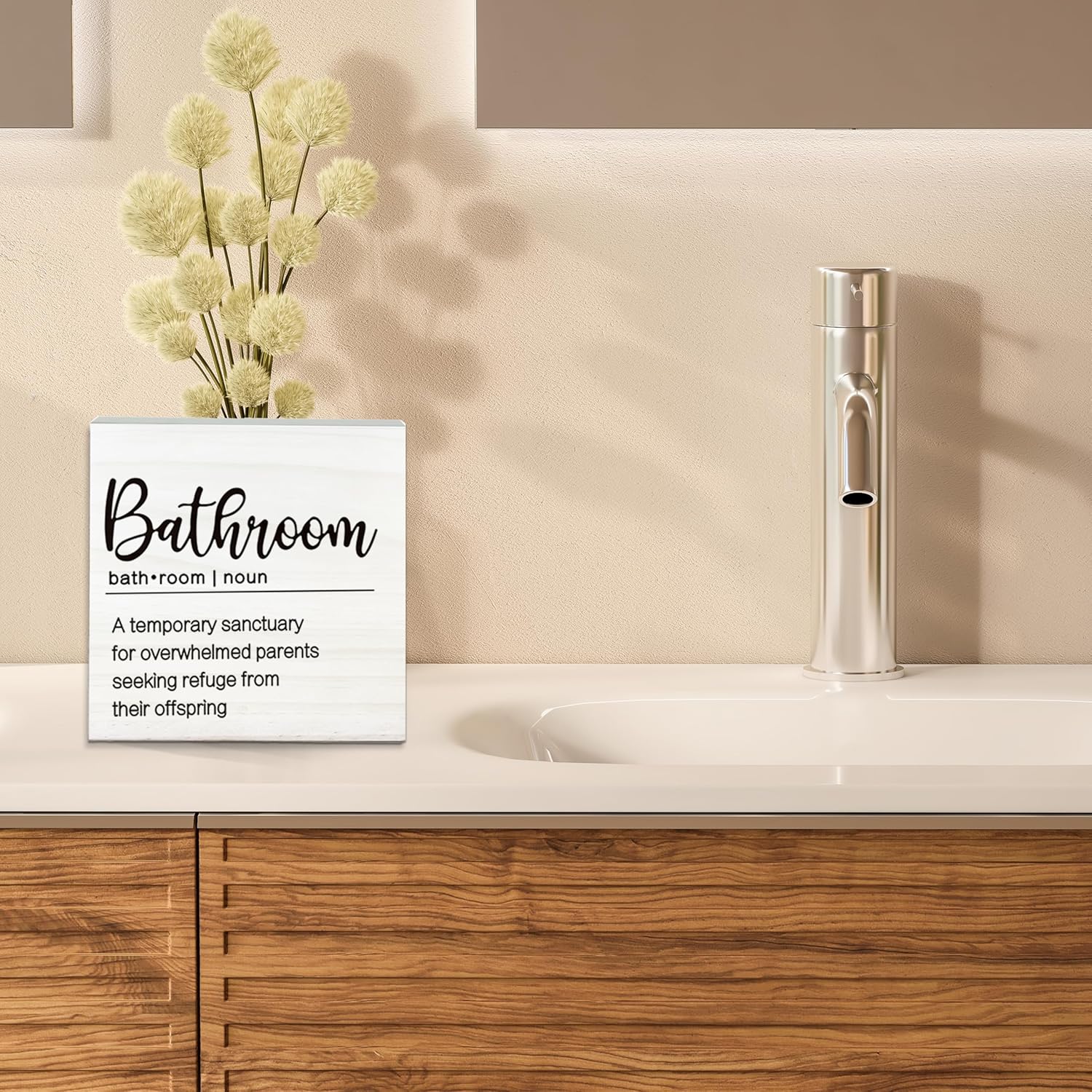 A Temporary Sanctuary For Overwhelmed Parents Wooden Sign - Funny White Block Plaque Desk Decoration-5x5 inches Rustic Wood Block Gifts For Friends Family-Bathroom Tabletop Favors & Supplies-A02