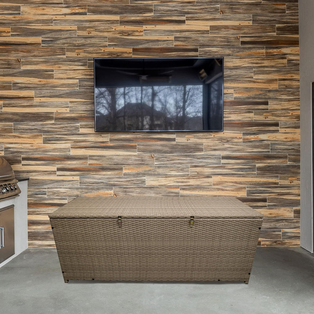 Oakland Living Tan Indoor and Outdoor Balcony Patio Deck Porch Pool 113 Gallon Wicker Storage Box Trunk Bin with Metal Frame