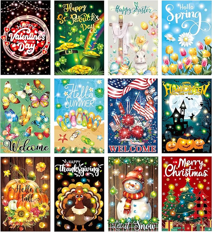 12 Pcs Solar Seasonal LED Garden Flags 12 x 18 Inch Double Sided Yard Flags Halloween Christmas Fall Thanksgiving Day Decorations Welcome Garden Holiday Yard Outside Lawn Decoration