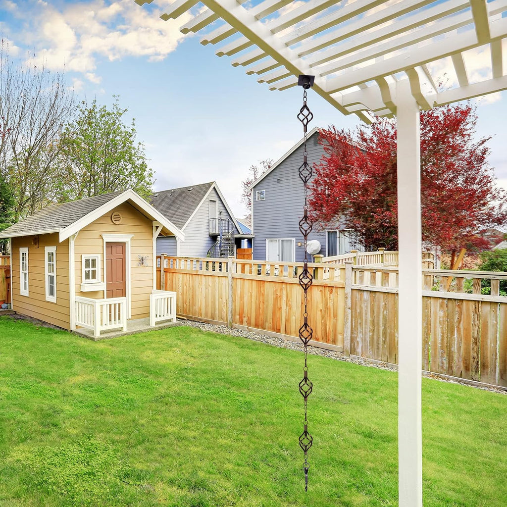 Rain Chain Bird Cage Set 8.5Ft, Not Rust Wrought Iron Rain Chains for Gutters with Adapter Gotta Drain and Sturdy Anchoring Stake,13 Cups, 1 Hook, Adjustable Length for Garden Decorative (Coffee)