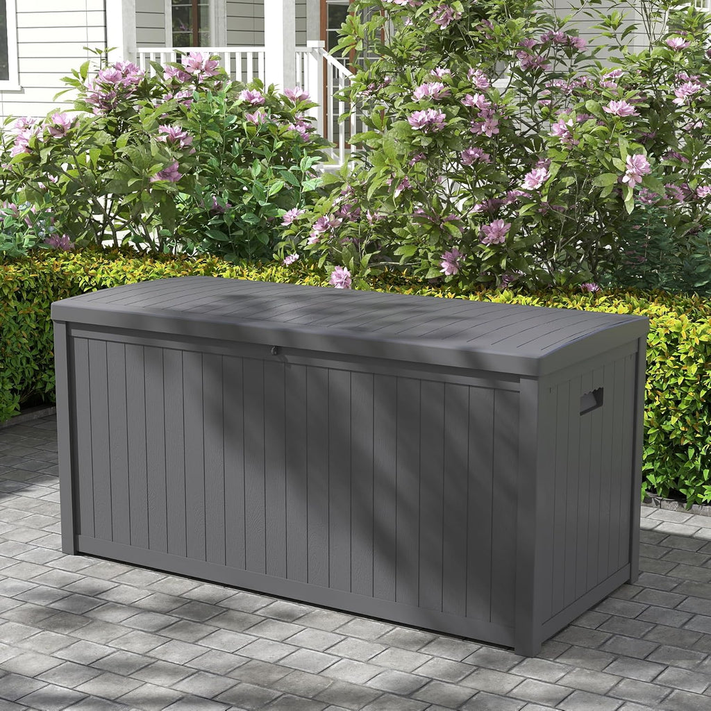 120 Gallon Resin Deck Box, Weatherproof Outdoor Storage Box for Patio, Garden, Pool, and Yard, Lockable Waterproof Bin for Tools, Cushions, and Accessories, Grey