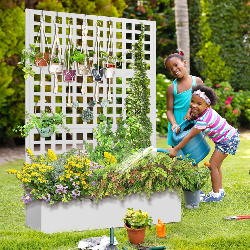 FENCY Metal Raised Garden Bed with Trellis, Metal Planter Box with Trellis, Garden Box for Climbing Plants Vegetable, 47''Lx16''Wx71''H Garden Bed with Drainage Holes(White)