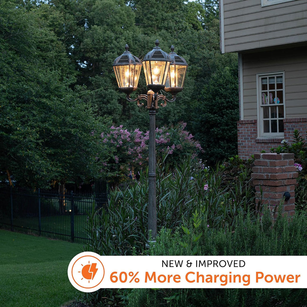 Gama Sonic Royal Bulb Solar Lamp Post Light Kit, 89 inch Tall, Outdoor Triple Head Weathered Bronze Cast Aluminum, Rain Water Glass Light Pole, Warm White 2700K 98B303 (Upgraded Panel)