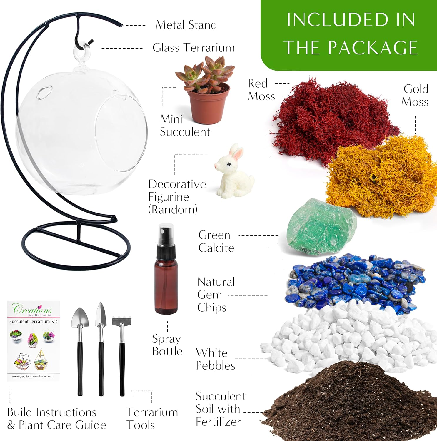 5" Glass Globe Succulent Terrarium Kit, Hanging DIY Starter Kit for Kids and Adult, Metal Stand, Reindeer Moss, Crystal & Rocks, Tools, Figurine (Live Plant Included)