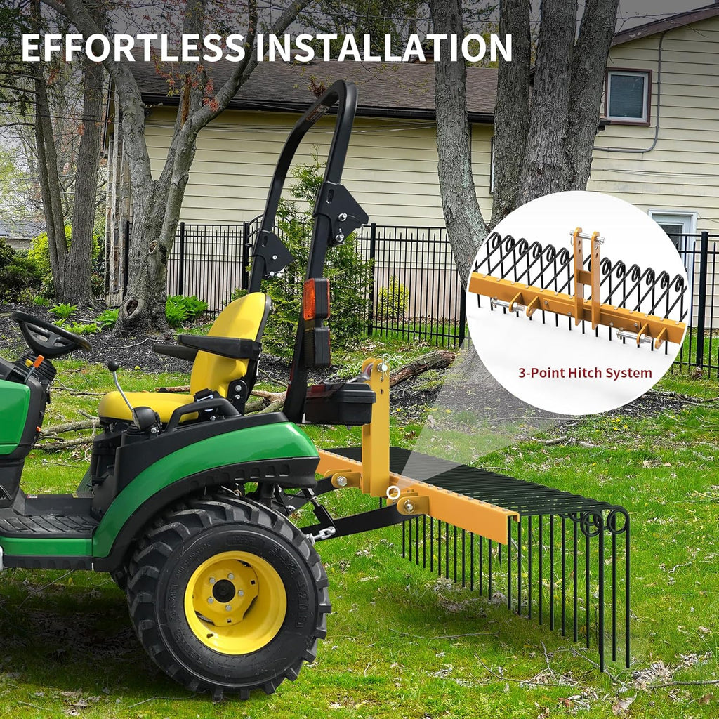 YITAMOTOR 60" Durable Powder Coated Steel Pine Straw Rake Steel Spring Landscape Rake Attaches to Cat-0 Cat-1,3 Point Hitch for Tractor, Yellow