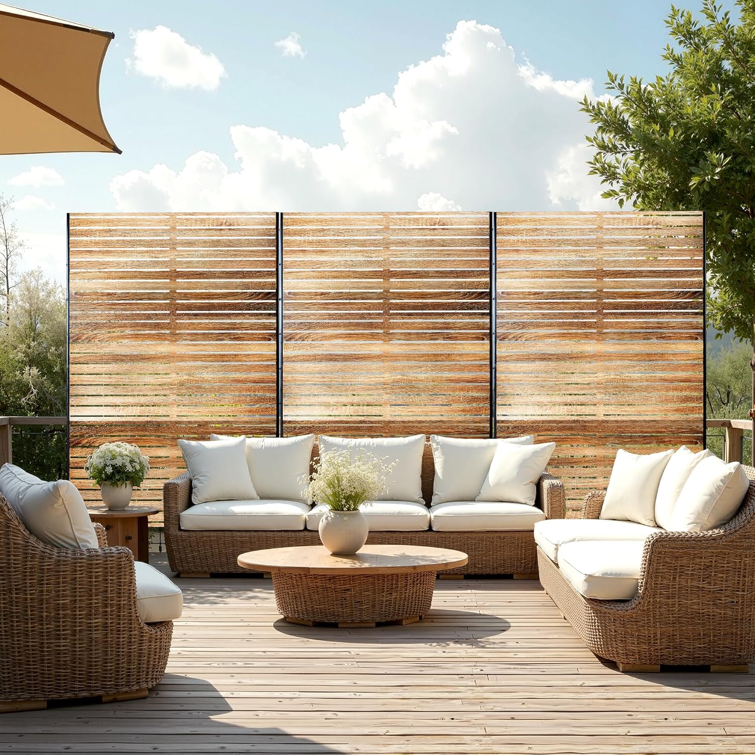 FENCY Metal Privacy Screen 72" H×47" W Natural Wood Color Outdoor Privacy Screen, Freestanding Decorative Privacy Fence Panels for Deck Balcony Patio