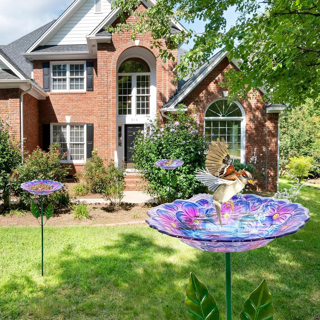 Glass Bird Baths for Outdoor, Garden Birdbath Bird Feeders Hydrangea Decor Birdfeeder with Metal Stake for Garden, Yard, Lawn, Courtyard