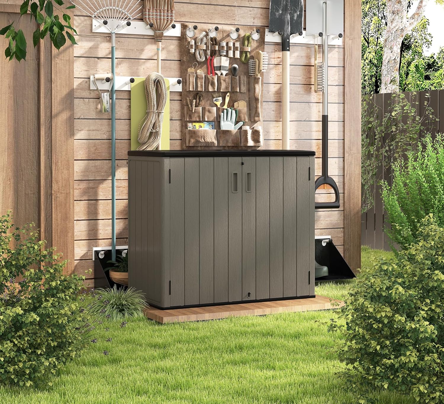 HOMSPARK 37 Cu.Ft Outdoor Storage Shed Weather Resistant, Multi Functional | Double-Wall Resin Storage Sheds & Outdoor Storage Box Waterproof for Backyard Garden Patio Lawn (Shallow Coffee)