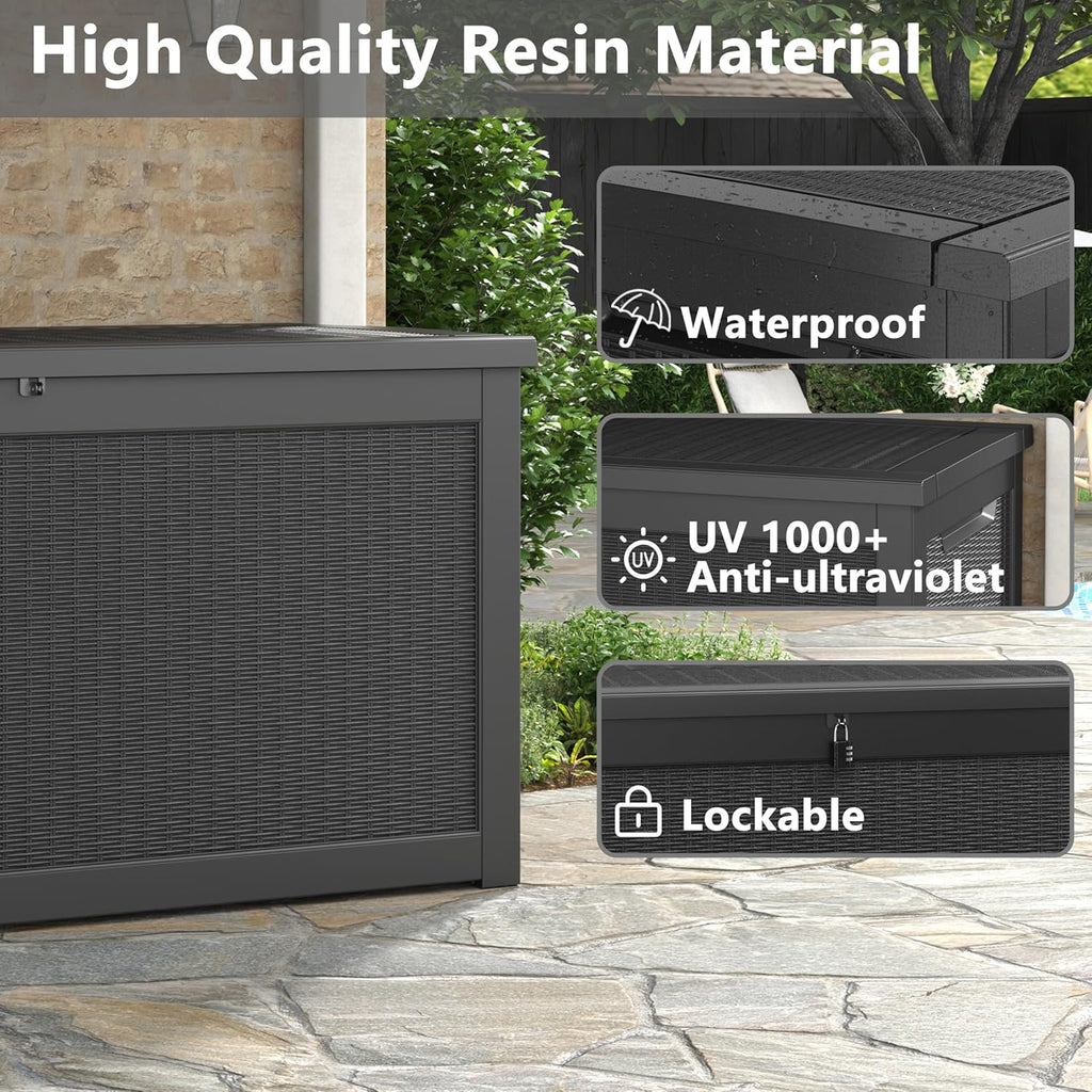 260 Gallon Resin Deck Box, Large Indoor and Outdoor Storage Box, Weatherproof and UV Resistant Outdoor Storage Box with Built-in Steel Beams for Patio Cushions, Pool Supplies
