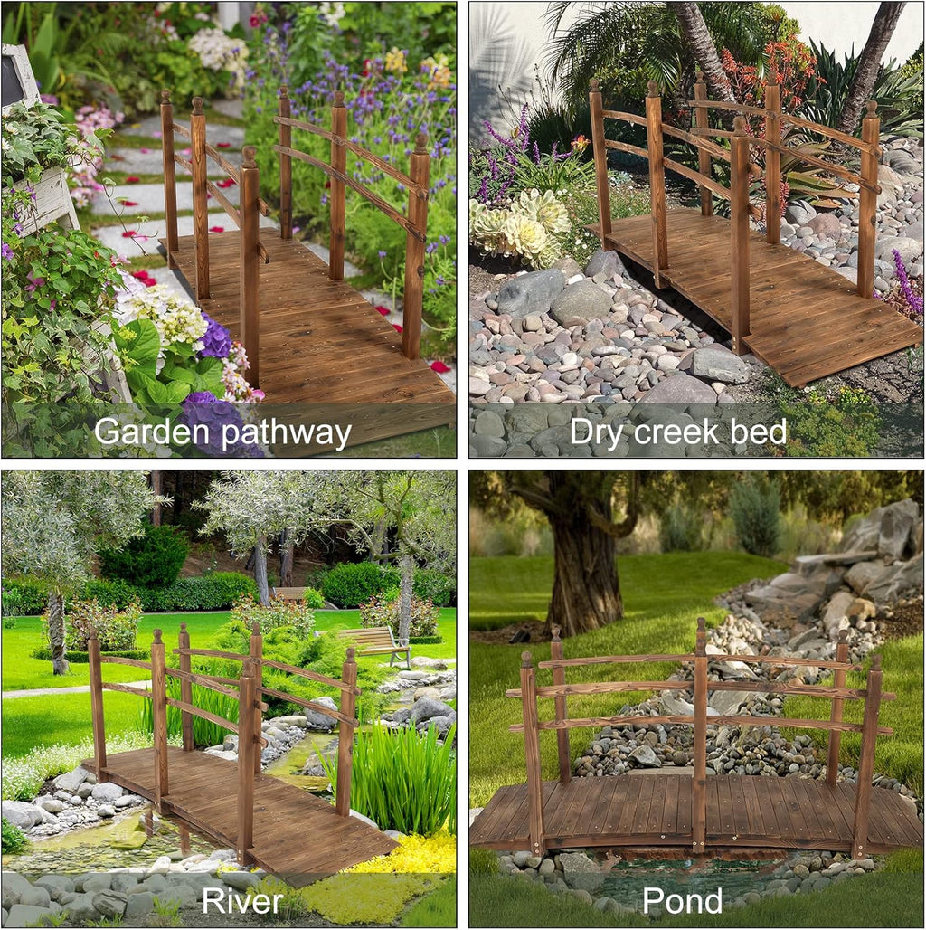 VINGLI 7.5 ft Garden Bridge, Arch Walkway Wooden Bridge with Safety Rails Stained Finished, Decorative Landscaping Footbridge for Koi Pond, Dry Creek Bed, Garden Pathway or Rustic Wedding Decor