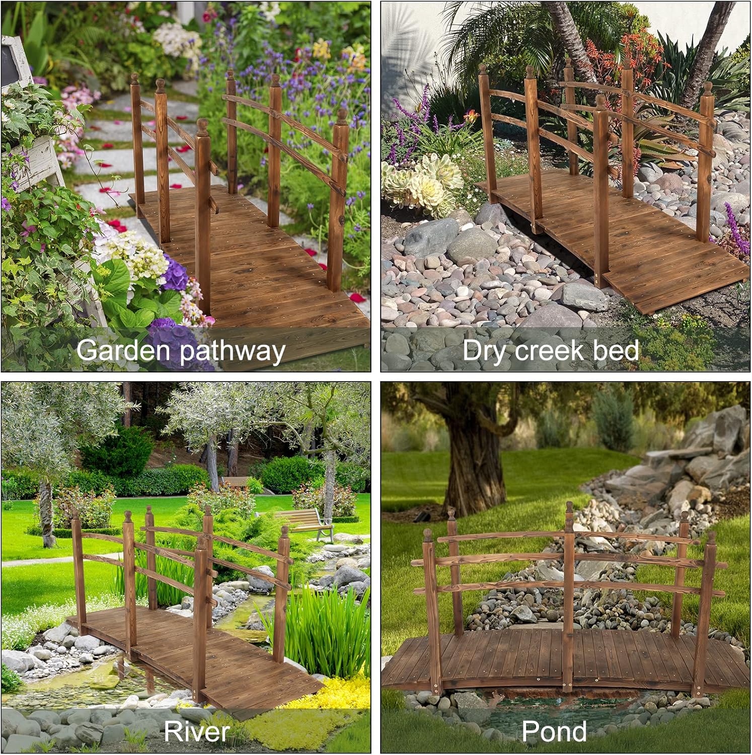 VINGLI 7.5 ft Garden Bridge, Arch Walkway Wooden Bridge with Safety Rails Stained Finished, Decorative Landscaping Footbridge for Koi Pond, Dry Creek Bed, Garden Pathway or Rustic Wedding Decor