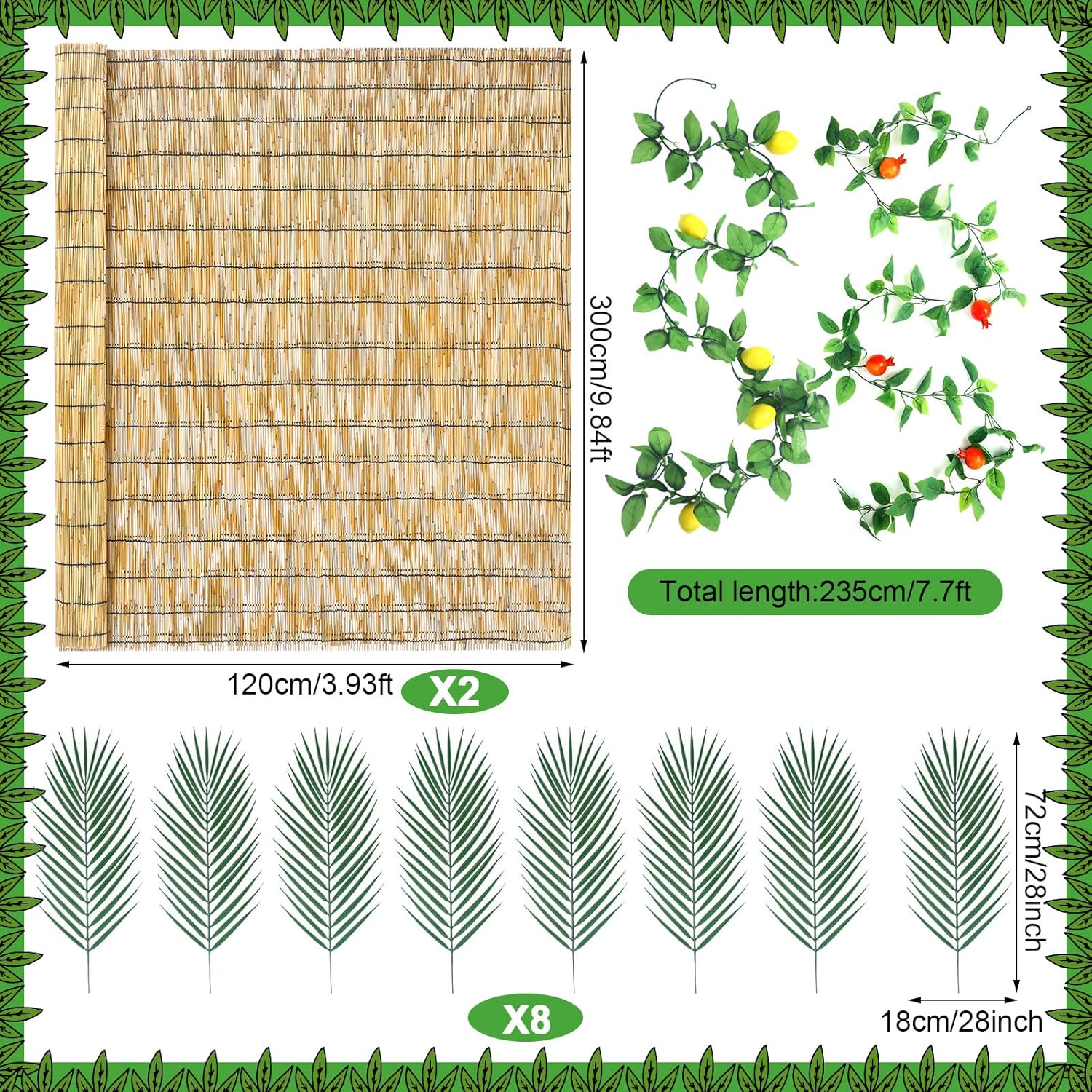12 Pack Sukkah Kit Decorations for Sukkot 2 Pcs 3.9x9.8ft Natural Reed Bamboo Fencing 8 Pcs Palm Leaves 7.7ft Hanging Pomegranate Garland Sukkah Tent Supplies for Jewish Holiday Party Outdoor Decor