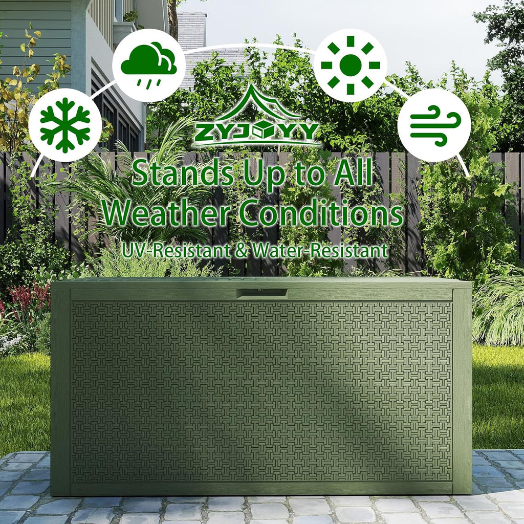 Outdoor Storage Box, 90 Gallon Deck Box, Waterproof Resin Storage Bin for Patio Cushions, Gardening Tools, Lockable, UV Resistant,Olive Green