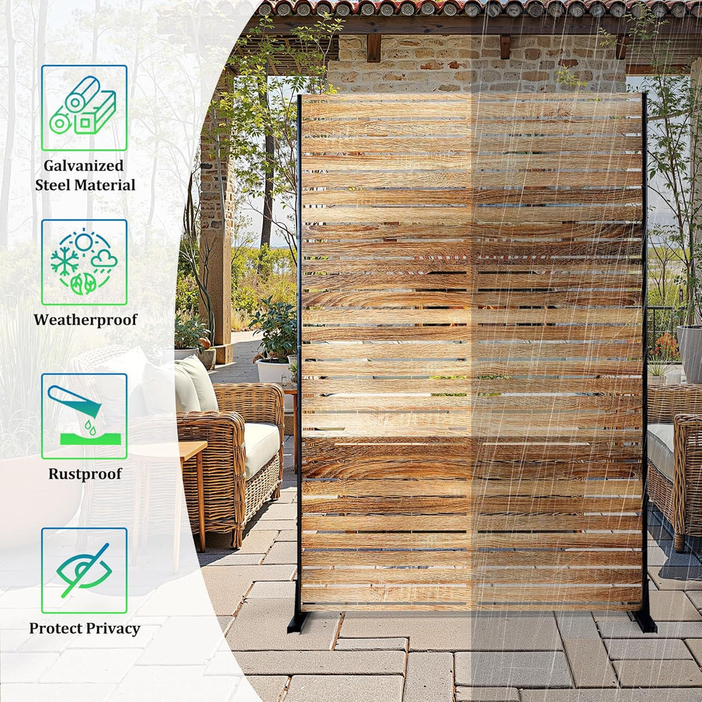 FENCY Outdoor Privacy Screen, 72" H×47" W Metal Patio Privacy Screen, Freestanding Decorative for Deck Balcony Patio Natural Wood Color