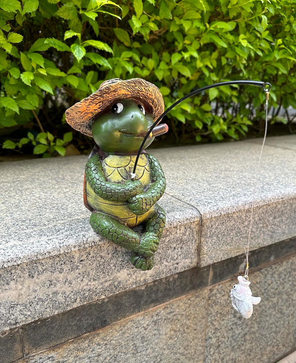 9.5" Turtle Fishing Statues- Whimsical Stone Look Lawn Yard Art, Funny Garden Pond Fisherman Sculpture, Resin Animal Decor, Ideal for Garden Enthusiasts & Turtle Fishing Lovers