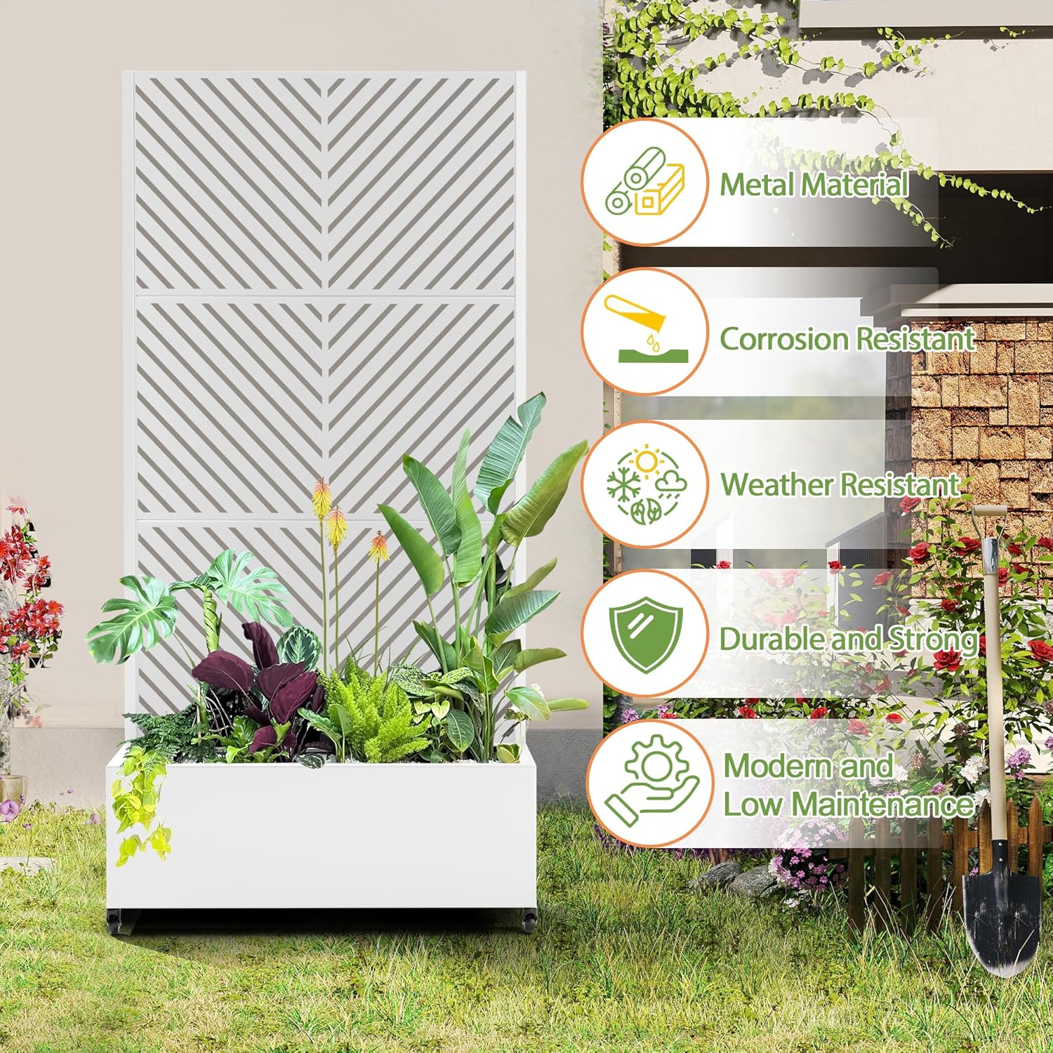 Raised Garden Bed with Trellis and Wheels,73"x35"x16" Metal Raised Garden Bed,White Parallel Metal Planter with Climbing Trellis for Vines & Vegetables