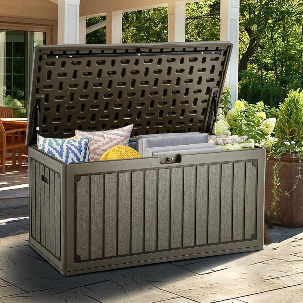 YITAHOME 90 Gallon Large Deck Box, Double-Wall Resin Outdoor Storage Boxes, Deck Storage for Patio Furniture, Cushions, Pool Float, Garden Tools, Lockable & Waterproof (Light Brown)