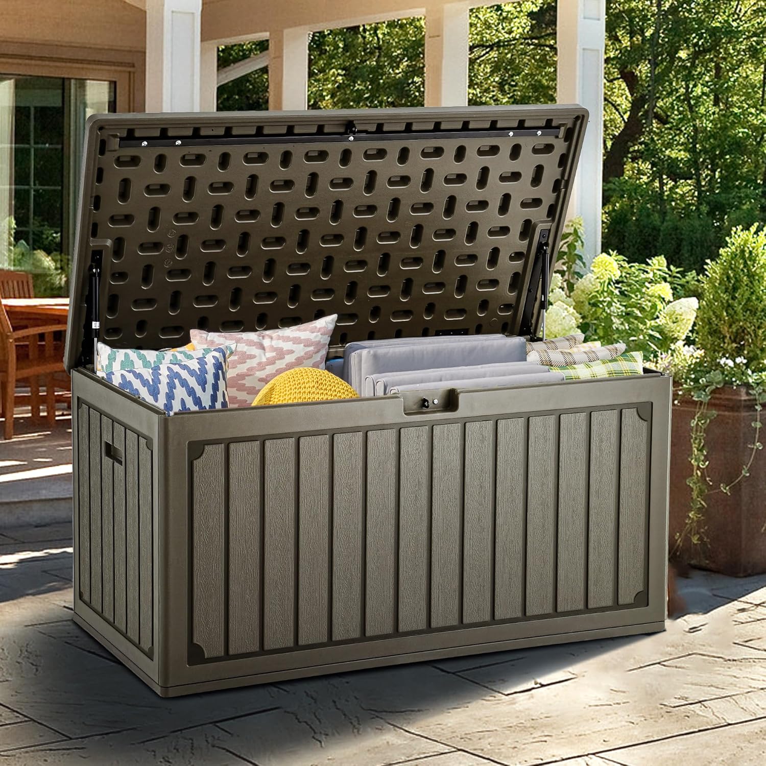 YITAHOME 90 Gallon Large Deck Box, Double-Wall Resin Outdoor Storage Boxes, Deck Storage for Patio Furniture, Cushions, Pool Float, Garden Tools, Lockable & Waterproof (Light Brown)