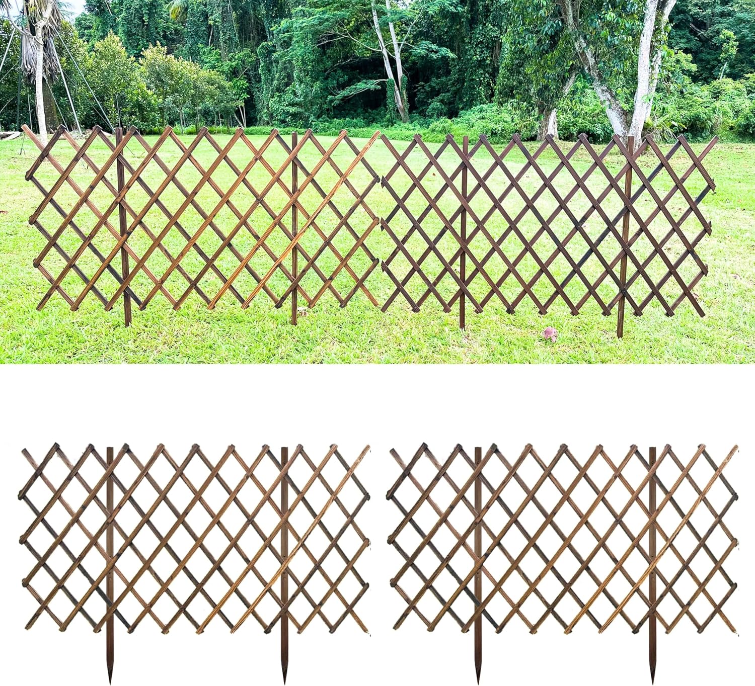 ShopLaLa Garden Fence (2 Pack, Total 12ft (L)) Wooden Lattice Panels for Outside Flower Edging Landscape Patio Outdoor Decor, Expandable Wood Plant Trellis Fences and Gates, Animal Barrier for Dogs