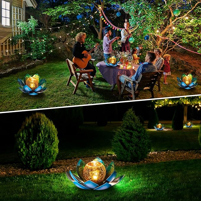 Solar Light Outdoor(2Pack), Art Crackle Globe Glass Lotus Decoration, Solar LED Waterproof Blue Metal Flower Lights for Patio,Lawn,Walkway,Tabletop