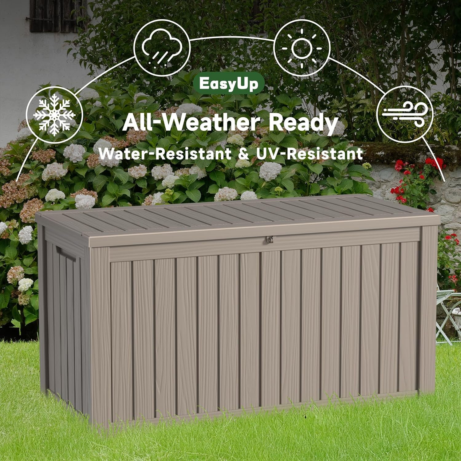 150 Gallon Outdoor Storage Box Waterproof, UV Resistant Resin Deck Box with Hydraulic Rod, Reinforced Stability for Patio, Garden, and Pool, Striped Gray