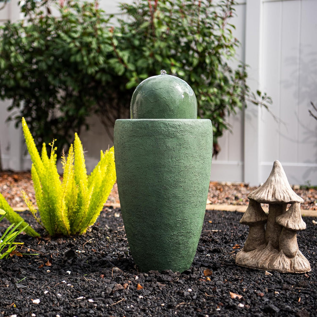 XBrand 25.98" H Round Stone Indoor/Outdoor Modern Stone Textured Sphere Water Fountain w/LED Lights, Green