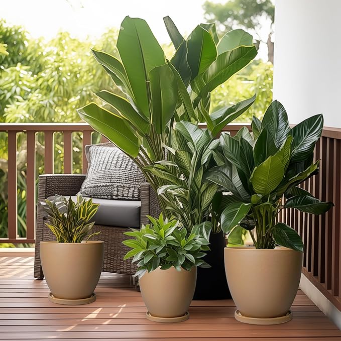 10 Inch Planter - Ceramic Pots for Plants, Planters with Drainage Hole and Tray, Modern Flower Pots Indoor, Home Living Room Patio Porch Garden Office Decor, Brown