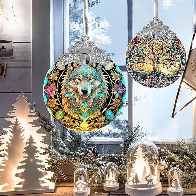 Stained Glass Suncatcher Hanging Ornament, Wolf Decor for Home, Christmas Ornament