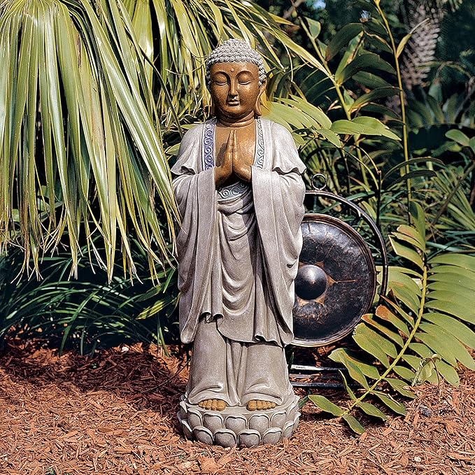 Design Toscano Bodh Gaya Asian Garden Statue, 9 inches wide, 30 inches tall, Cast Stone Resin, Faux Stone & Metallic Finish