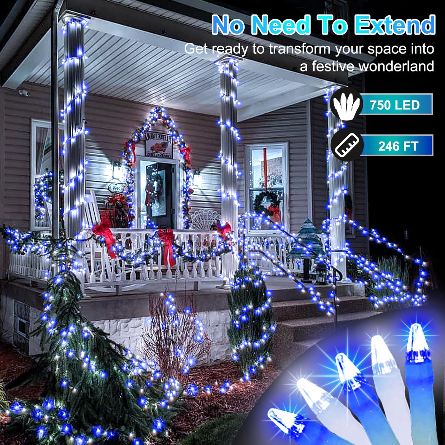 750 LED Christmas Lights Outdoor Use, 246ft 8 Lighting Modes Fairy Lights for Outside, Christmas Tree Lights IP44 Waterproof for Xmas Patio Yard Fence Deck Balcony Garden Decor Blue & Cool White