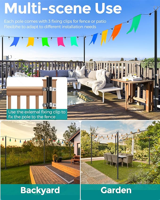 LAND·VOI 2 Pack String Light Poles, 9FT Heavy Duty Metal Light Poles for Outside String Lights, Outdoor Light Poles with 5 Prong Fork, Lighting Stand for Patio, Backyard, Garden, Deck, Black FLP12B