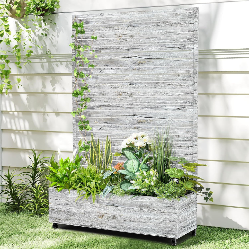 Raised Garden Bed with Trellis and Wheels,73"x47"x16" Metal Raised Garden Bed,White Wood Finish Metal Planter with Climbing Trellis for Vines & Vegetables