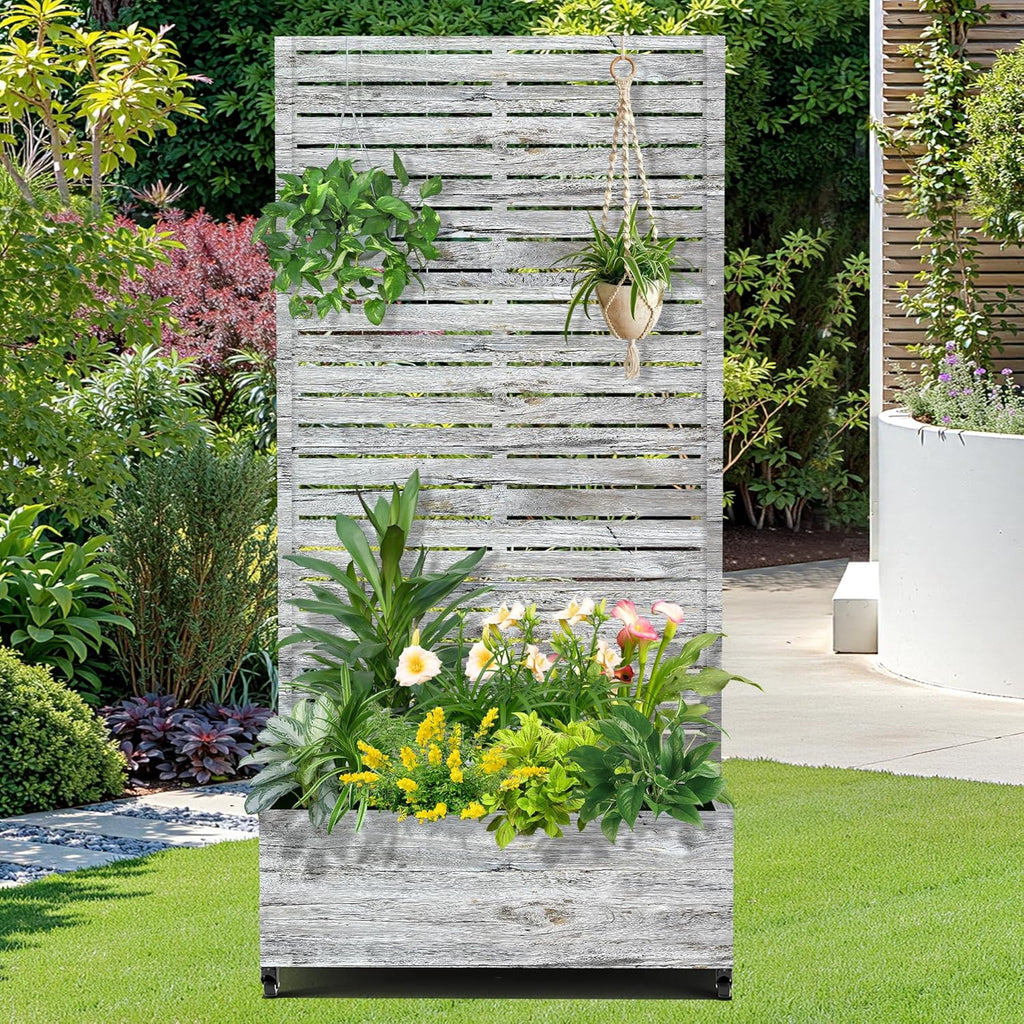 FENCY Metal Raised Garden Bed with Wheels and Trellis,73"x35"x16" Planter Box for Climbing Plants, Vegetables & Vines, Features Privacy Screen and Drainage Holes (White Wood Color)