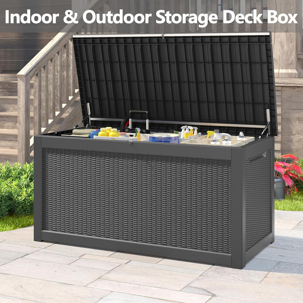 260 Gallon Resin Deck Box, Large Indoor and Outdoor Storage Box, Weatherproof and UV Resistant Outdoor Storage Box with Built-in Steel Beams for Patio Cushions, Pool Supplies