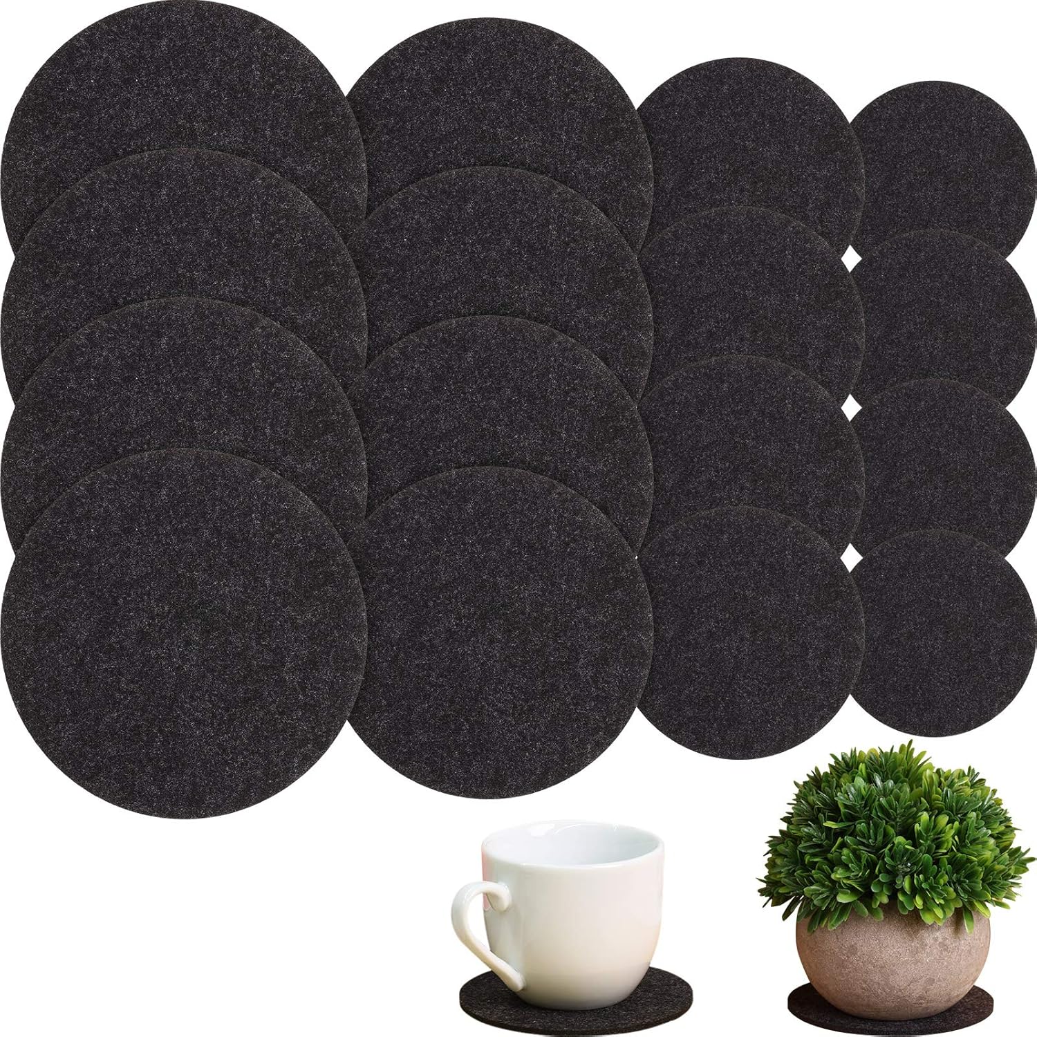 Patelai 16 Pieces Black Plant Coasters 4 Sizes Felt Cork Plant Reversible Round 4/6/ 8/10 Inch Fabric Cork Trivets Pads for Drinks Absorbent Waterproof Tray Pot for House Indoor