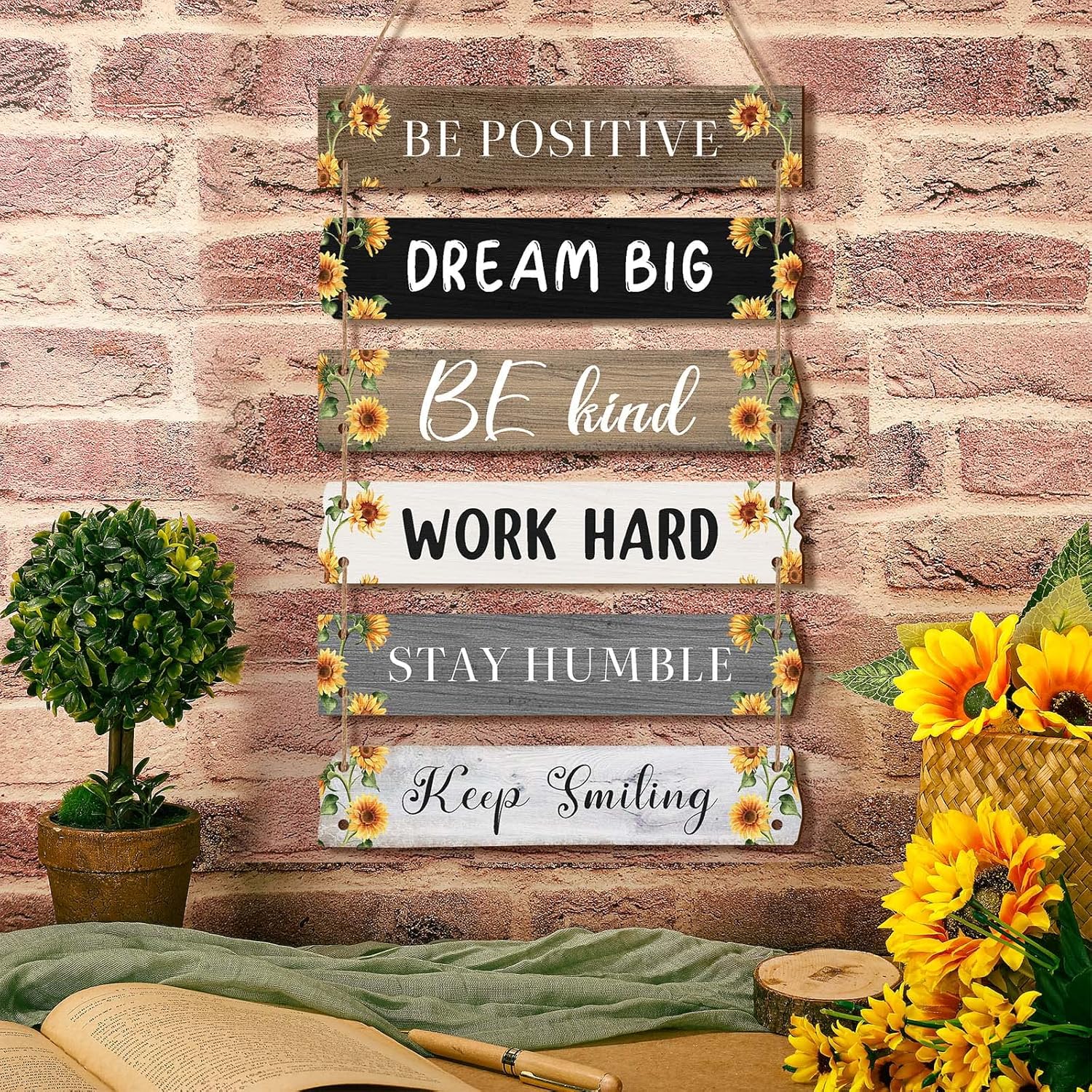 6 Pieces Rustic Wall Hanging Plaque Sign Inspirational Wall Art Farmhouse Wooden Door Signs Positive Plaque with Quotes Motivational Quote Decor for Office Bedroom Living Room(Sunflower Style)