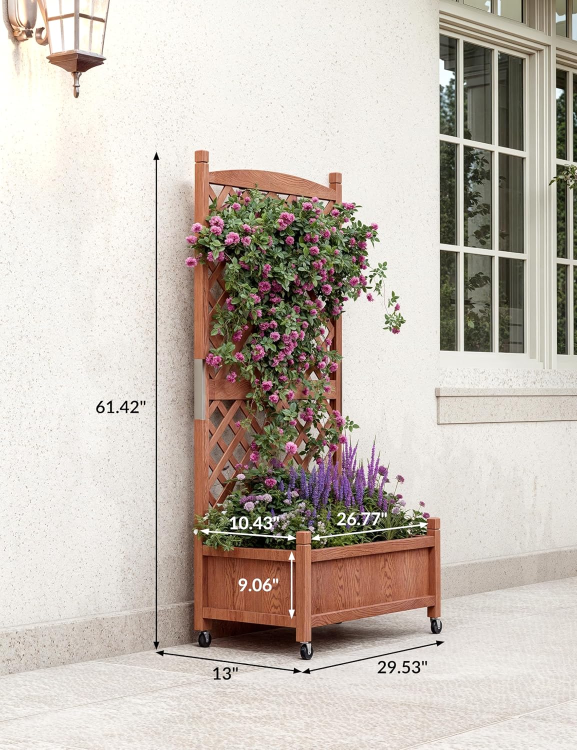 29.5" x 13"x 61.5" Wood Planter Box With Trellis For Plant & Flower, Raised Garden Bed With Wheels, Standing Vertical Horticulture Trellis Planter With Drainage Holes for Patio Garden, 1PC