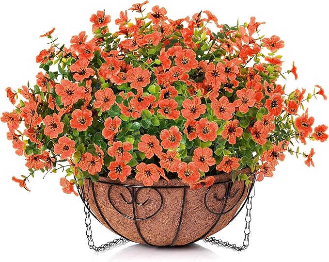 Artificial Fake Fall Hanging Plants Flowers Basket for Outdoor Decor, Faux Silk Orange Mums Daisy in Planter Look Real UV Resistant for Autumn Porch Home Patio Garden Yard Decoration