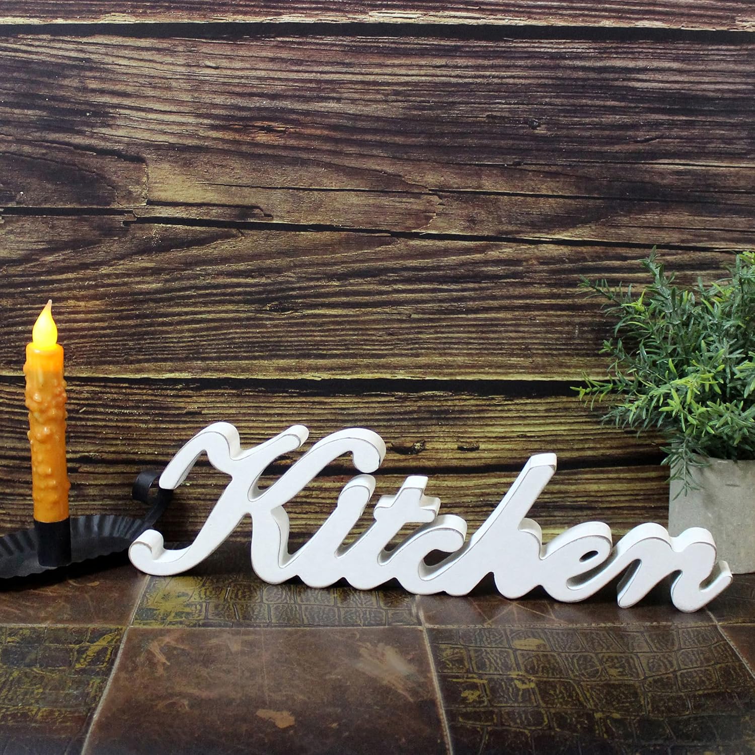 CVHOMEDECO. Rustic Vintage Distressed White Wooden Words Sign Free Standing "Kitchen" Desk/Table/Shelf/Door/Home Wall Decoration Art, 15-1/2 x 4-1/4 x 1 Inch