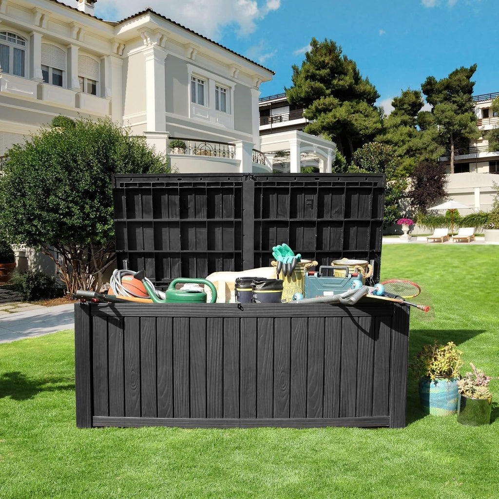 YITAHOME 150 Gallon Large Outdoor Storage XL Deck Box w/Divider for Patio Furniture,Outdoor Cushions, Garden Tools, Sports Equipment and Pool Supplies, Waterproof, Resin, Lockable, Black