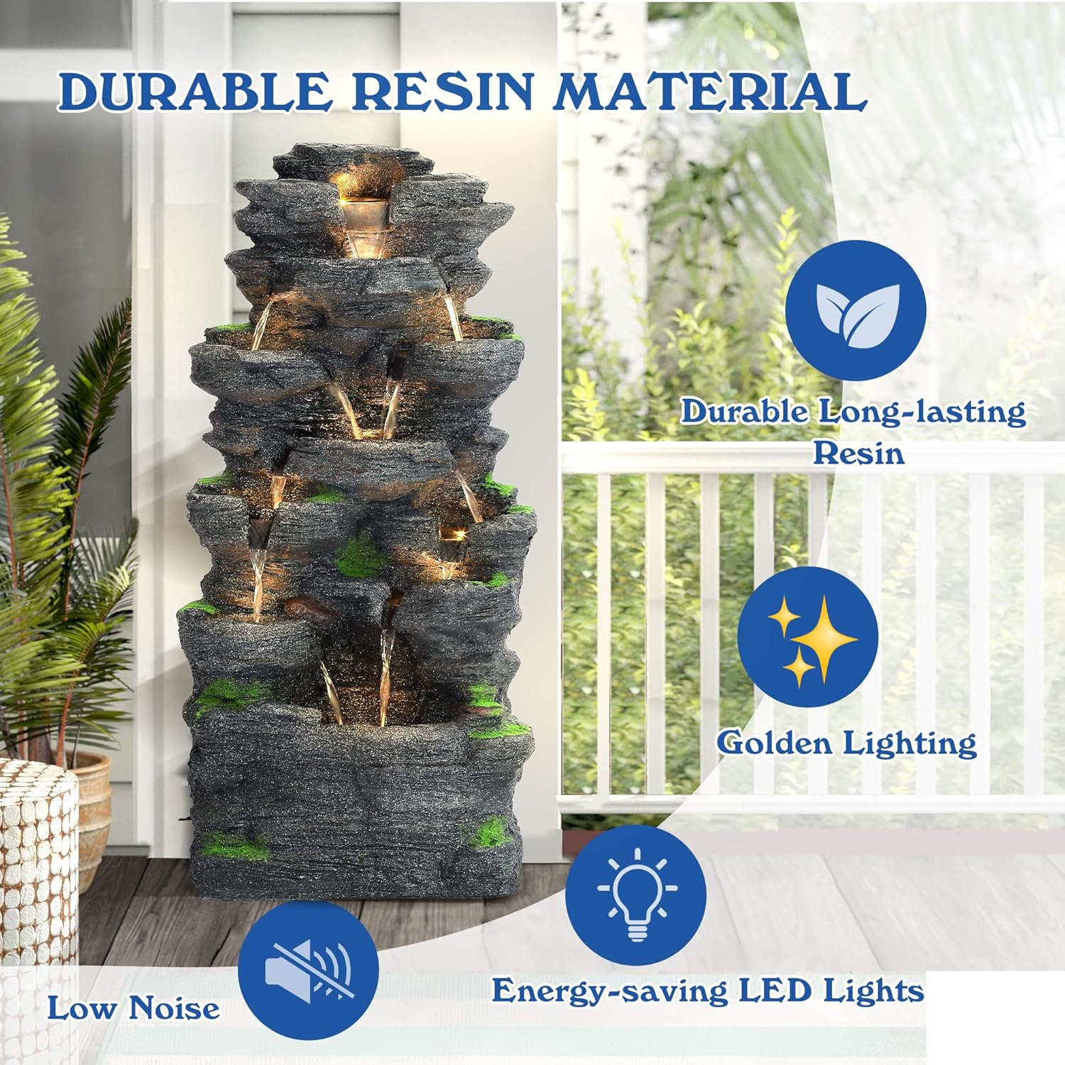 40" H 10-Tiers Cascading Rock Water Fountain Outdoor - Waterfalls Fountains with LED Lights, Outdoor/Indoor Resin Fountain for Patio, Garden, Backyard, Deck, Porch, Home Art Docor(40''H)