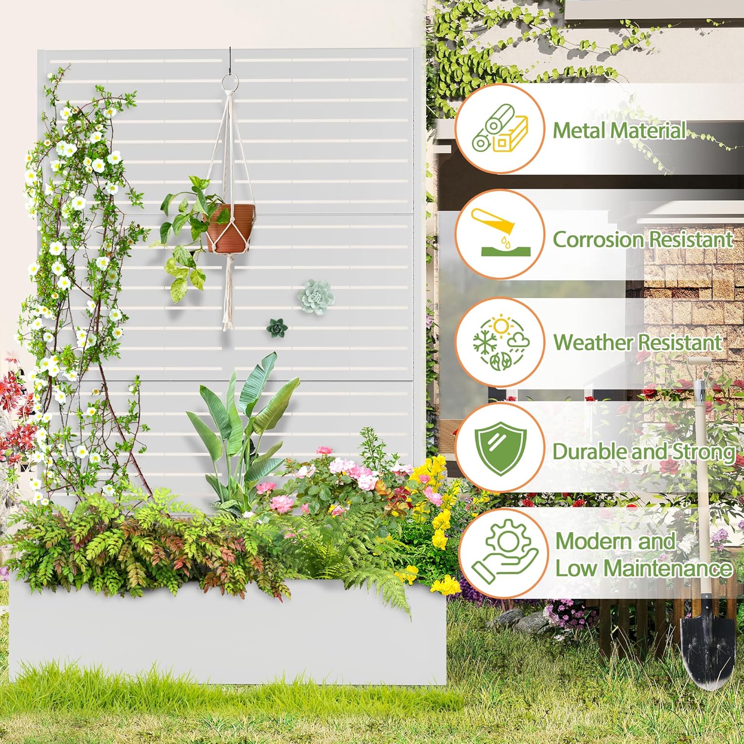 Trellis for Climbing Plants Outdoor，Mental Garden Bed with Drainage Holes Outdoor Privacy Screen Design Tall planters for herb Flower Vegetables 73"x47"x16", White-Louvered