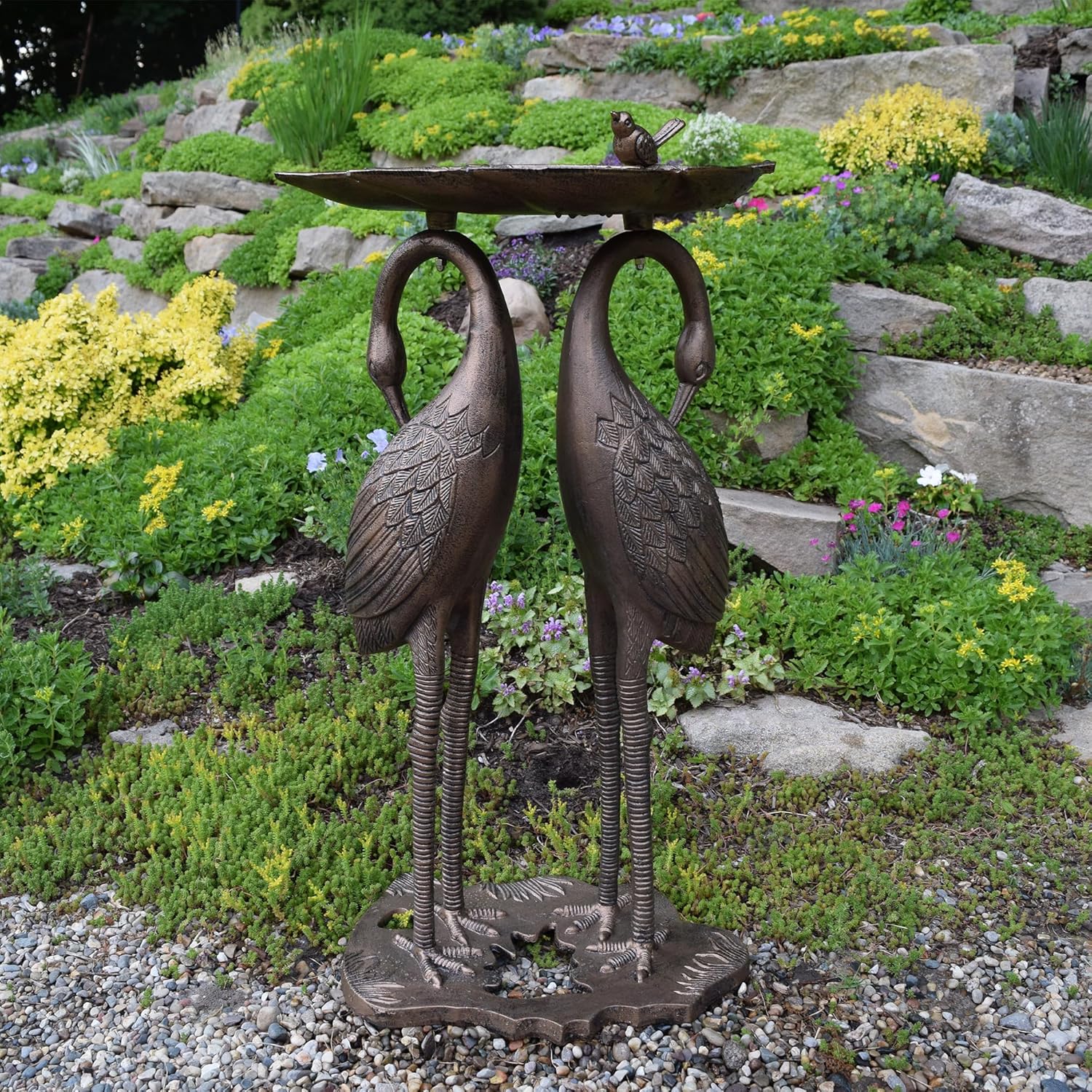 Oakland Living 2-Crane Lily Bird Bath, Antique Bronze, 16.75W x 16D x 29.5H inches