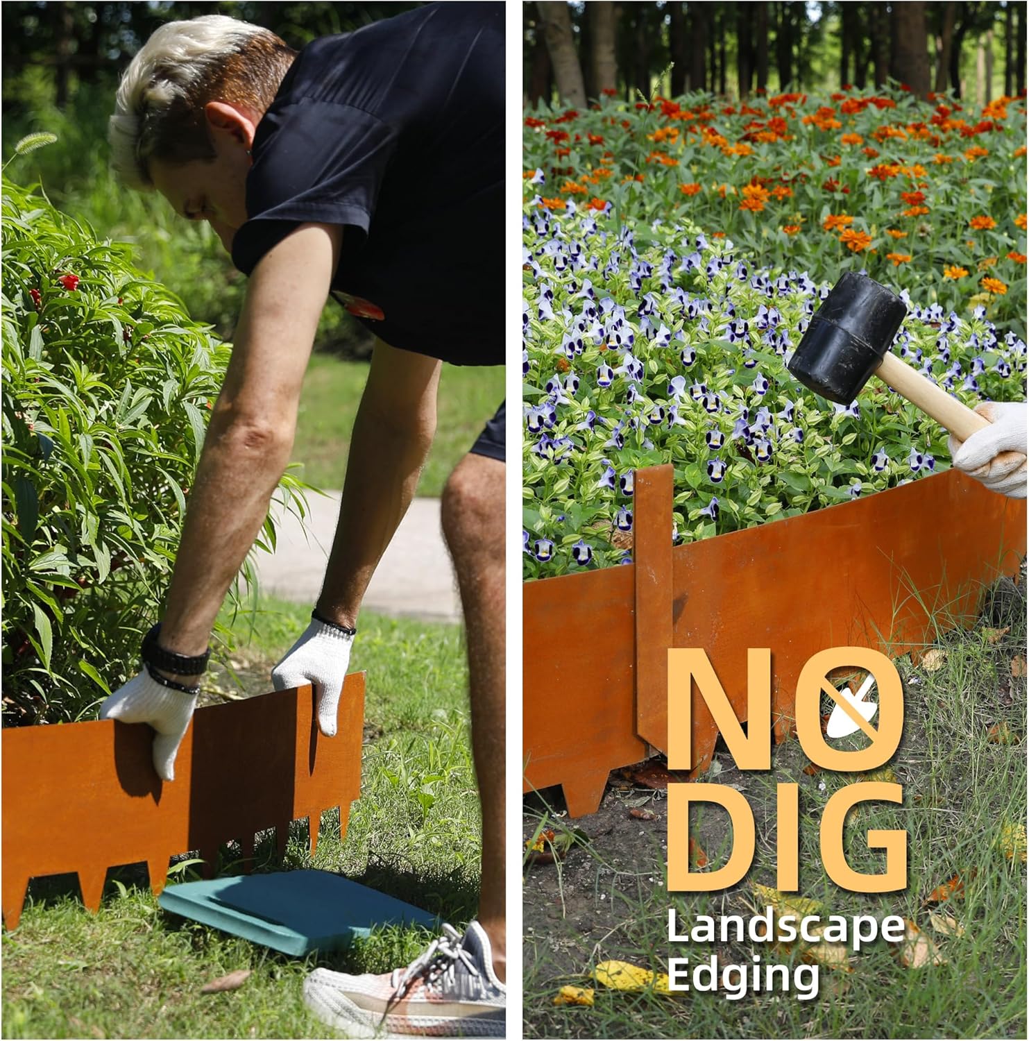 Solution4Patio 8-Pack Corten Steel Garden Landscape Edging with 9X Clips, 10" H Hammer-in Heavy Duty Bendable Metal Pre-Rusted Border Edging Strips for Lawn, Yard (26ft Total)