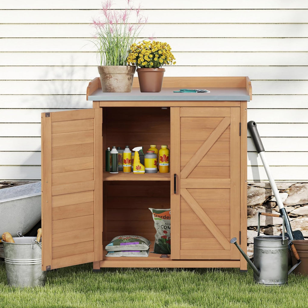 Potting Bench with Storage Cabinet and Metal Table Top for Outdoor Patio, Garden Furniture Wood Workstation (Light Brown, 31.5x17x39)