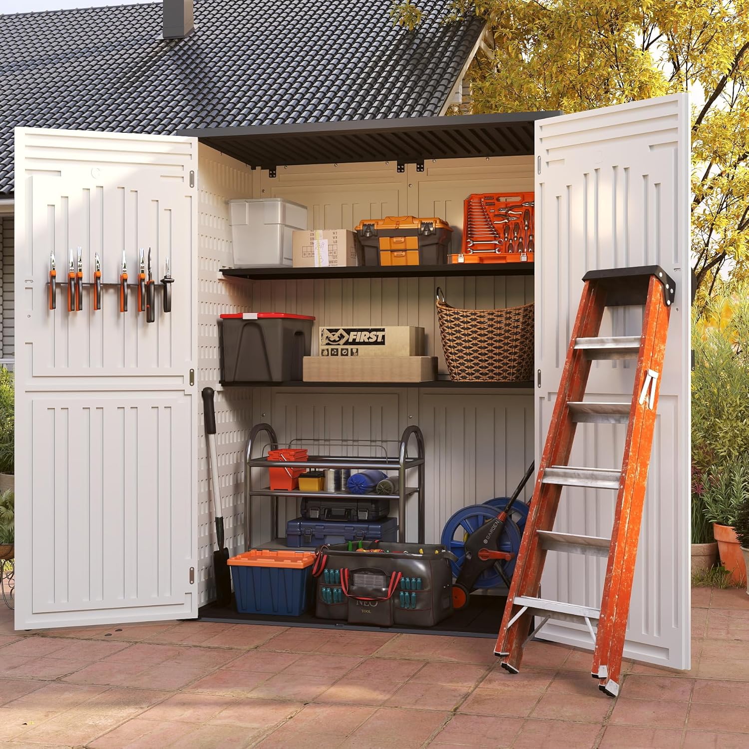 Vertical Resin Storage Shed with 2 Shelves, 60 Cuft Garden Tool Sheds & Outdoor Storage, Plastic Outdoor Storage Cabinet Waterproof, 4.5 x 2.3 ft Backyard Outside Lawn Mower Storage Shed, White