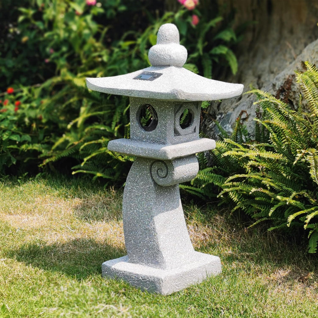 ZOEJADE 28" H Large Solar Zen Asian Pagoda Lantern Garden Outdoor Statue Japanese Palace Lantern with Solar Light for Lawn Yard Pond Patio Temple Court Decor Meditator Stylite Garden Figurines