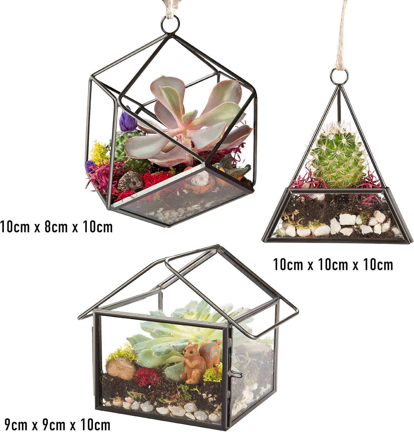 D'Eco Glass Geometric Plant Terrarium 3Pk - Hanging Brass Triangle, House & Prism Planters - Succulents, Air Plants, Moss - Summer Home, Garden, Wedding & Office Botanical Decor- Gift for Plant Lovers