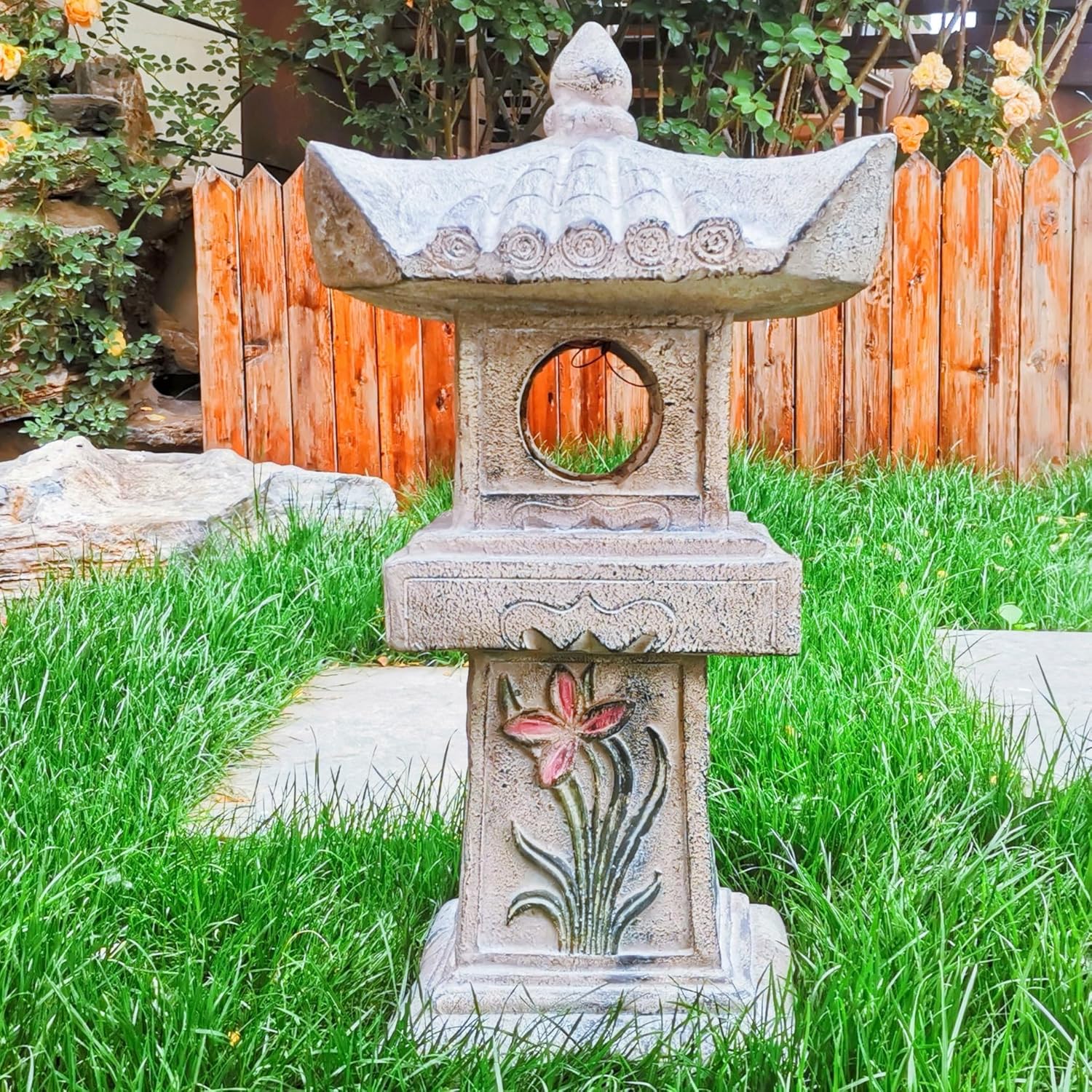 23.6’’High Asian Orchid Pagoda Statue Solar-Powered LED Light Miniature Tower Lantern Garden Decoration Figurines Solar Lamp Outdoor Japanese Decoration Zen Courtyard Landscape