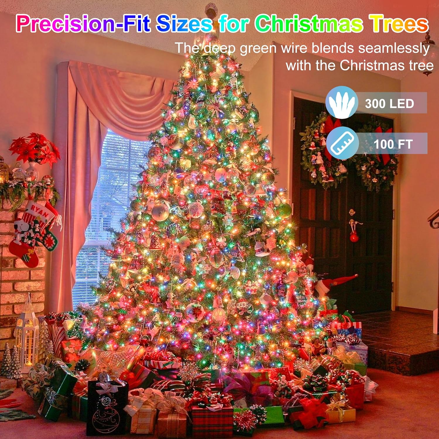 300LED Christmas Lights Indoor Outdoor Use Green Wire, 8 Lighting Modes 100FT Christmas Tree Lights with Timer & Memory, IP44 Waterproof for Tree Xmas Patio Yard Fence Balcony Garden Decor Multicolor